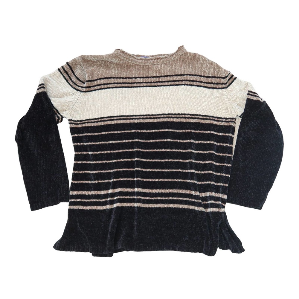 Vintage 90s Erika & Co taupe and black striped chenille knit sweater L